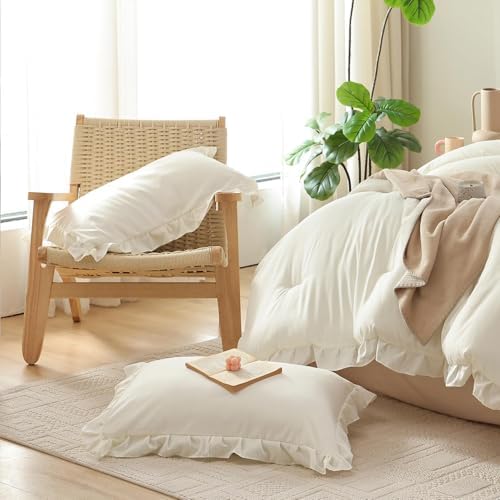 JANZAA Cream White Comforter Set Oversized King, Ruffle Soft Bedding