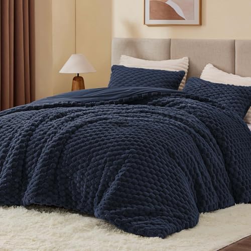 BEDELITE Fluffy Full Size Comforter Set, Navy Fleece Bed Set 3 Pieces