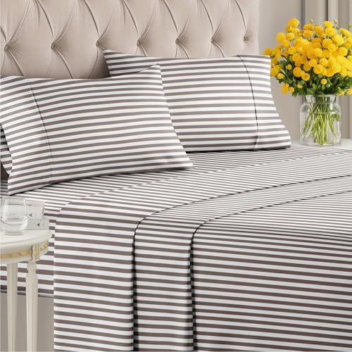 Full 4 Piece Striped Sheet Set - Soft, Breathable & Cooling - Brown Stripe