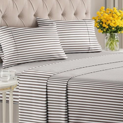 Full 4 Piece Striped Sheet Set - Soft, Breathable & Cooling - Brown Stripe