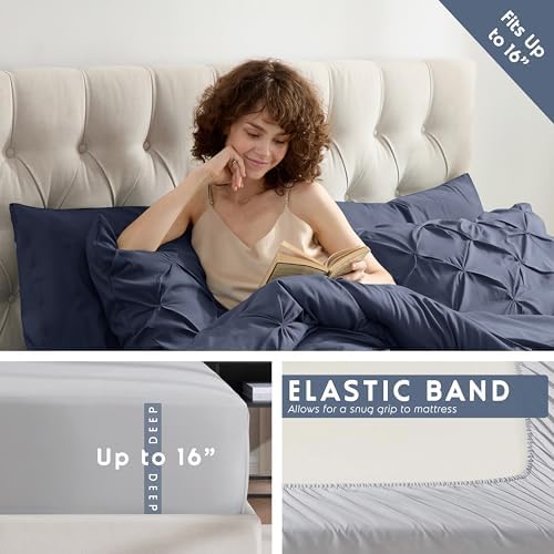 Nestl 9 Piece Queen Comforter Set – Navy Pinch Pleated Bed in a Bag – Complete Queen Size Bedding Set with Sheets, Set of 2 Cooling Pillows, Pillowcases and Shams