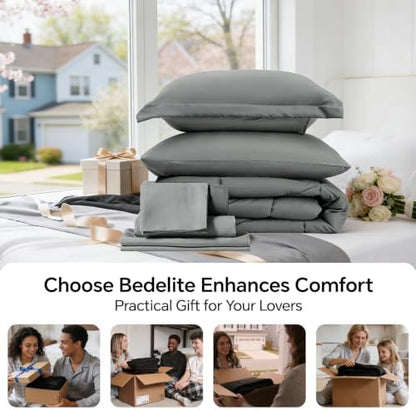 BEDELITE Twin Comforter Set 5 Pieces, Solid Dark Grey Bed in A Bag