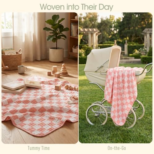 Ultra-Soft Muslin Baby Blanket - Swaddle & Crib for Girls, Pink Checkered (1-Pack)