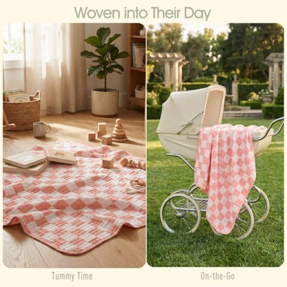 Ultra-Soft Muslin Baby Blanket - Swaddle & Crib for Girls, Pink Checkered (1-Pack)