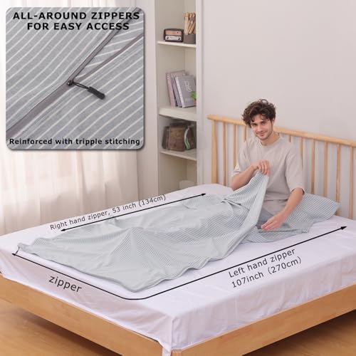 100% Cotton Sleeping Bag Liner with Full Length Zipper on 3 Sides; Single/Double Adult Sleep Sack for Travel & Camping, Multifunctional Travel Sheets (Unzipped 87”x87”) for Hotel, Lightweight