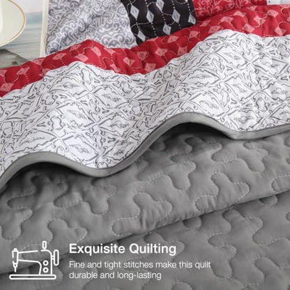WONGS BEDDING Boho Queen Size Quilt Set, Black Red Striped Bedspread