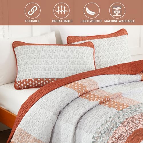 WONGS BEDDING Boho Quilt Set King Size, Stripe Bedspread Sets, Burnt Orange