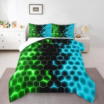 Feelyou Green Blue Honeycomb Bedding Set Fluorescent Hexagon Comforter Set Beehive Hexagon Comforter for Boys Girls Geometric Duvet Twin Size Quilt 2Pcs Boys