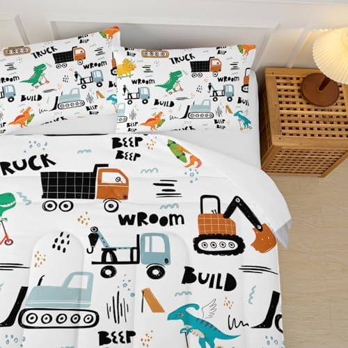 Boys Excavator Comforter Set Twin,Cartoon Bedding Set,Construction Comforter Set for Teen,Dinosaur Truck Quilt Set, Equipment Trucks Print White Bedding Set