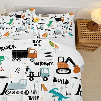 Boys Excavator Comforter Set Twin,Cartoon Bedding Set,Construction Comforter Set for Teen,Dinosaur Truck Quilt Set, Equipment Trucks Print White Bedding Set