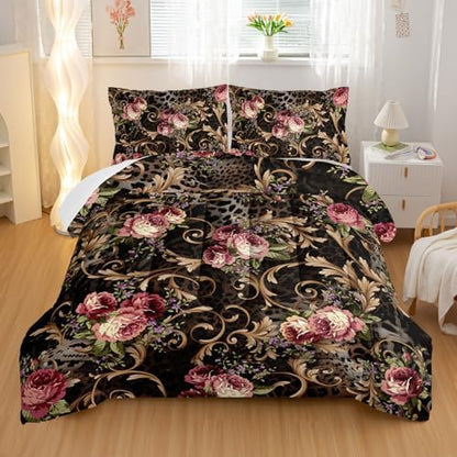 Nttopship Black Boho Floral Comforter Set King Size Flower Bedding Sets 3PCS for Kids Teen Adult Retro Flowers Room Decor Ultra-Soft Lightweight Microfiber 1 Comforter with 2 Pillowcases