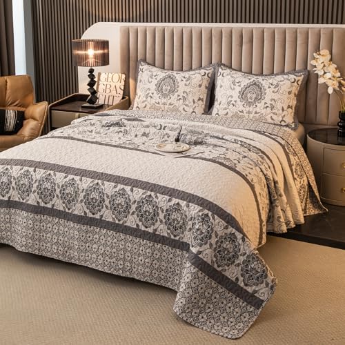 Nordic Style King Size Quilt Comforter Bedding Set -3 Pieces Red Quilts (1 Quilt, 2 Pillow Shams) Bedding Set, All Season Lightweight Bedspreads Sleep Companion(Grey)