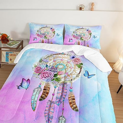 HOSIMA Boho Bedding Dream Catcher Comforter for Queen Size Bed with 2 Pillowcases,Butterfly Bed Set Room Decor for Teen Girls,Feather Floral Bedding Queen Comforter Sets for Adults Kids.