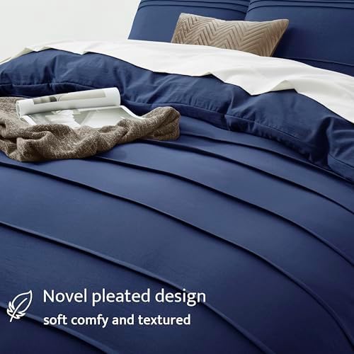 Oli Anderson 3PCS Pleated Duvet Cover Set, Navy Blue, Queen