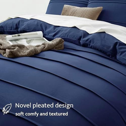 Oli Anderson 3PCS Pleated Duvet Cover Set, Navy Blue, Queen