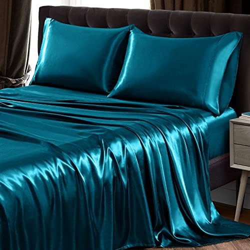 SiinvdaBZX 4Pcs Satin Sheet Set King Size 15-Inch Deep Pocket, Teal