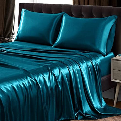 SiinvdaBZX 4Pcs Satin Sheet Set Full Size 15-Inch Deep Pocket, Teal