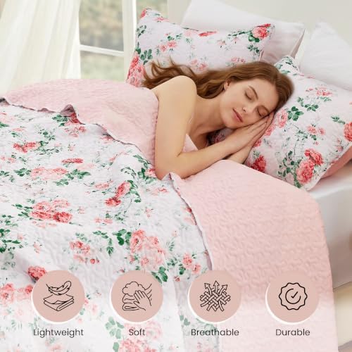 EXQ Home Printed Quilt Set Full Queen Size Pink Daphne Bedspread Set