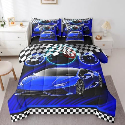 Feelyou Blue Race Car Bed Set for Kids Boys Girls King Size Extreme Sports 7 Pieces Beeding Set Teen Adult Ultra Soft Speed Sports Car Bed in a Bag with Comforter, Sheets, Pillowcases Cool Car