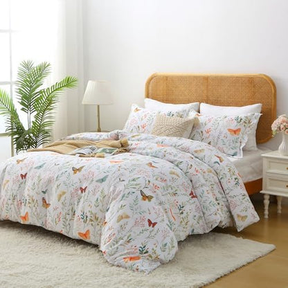 Mooreeke Floral Full Size Comforter Sets, Butterfly and Botanical Patterned Bedding for All Seasons, 3-Piece Vintage Bed in a Bag with Fluffy Quilted Reversible Comforter & 2 Pillow Shams