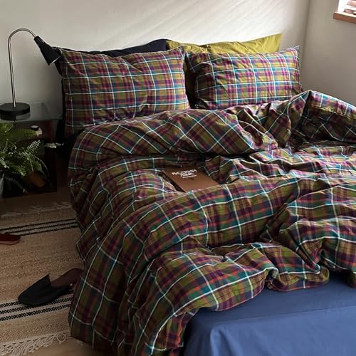 mixinni Vintage Multicolor Gingham Comforter Set Twin XL Size - 100% Washed Cotton 3-Piece Retro Plaid Pattern Bedding Set (1 Comforter + 2 Pillowcases), All-Season Lightweight & Breathable