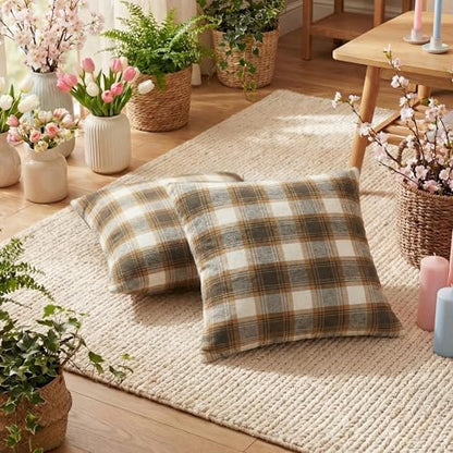 AVOIN colorlife Spring Summer Brown White Plaid Decorative Throw Pillow Covers, 18 x 18 Inch Holiday Scottish Tartan Cushion Case Farmhouse Decoration for Sofa Couch Set of 2