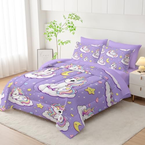 HOSIMA Cute Unicorn Bed in a Bag Twin 7 Piece Bedding Set for Kids Girls.