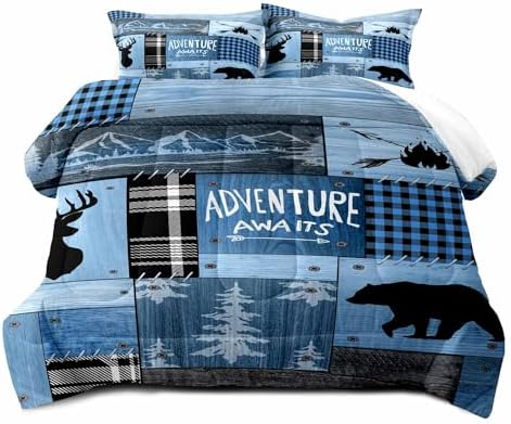 LUVIVIHOME 3PCS Rustic Cabin Comforter Set Full Size, Farmhouse Bedding, Black Bear Deer Elk Moose Forest Animal Wildlife Hunting Country Brown Patchwork White Blue Plaid Lodge Quilt, 2 Pillow Cases