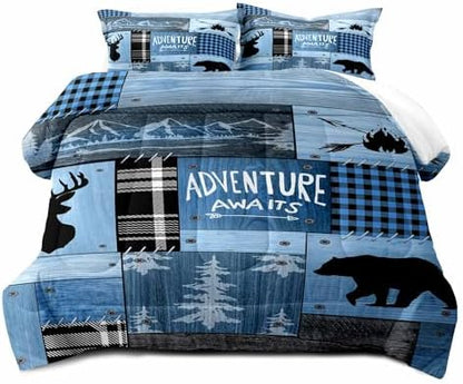 LUVIVIHOME 3PCS Rustic Cabin Comforter Set Full Size, Farmhouse Bedding, Black Bear Deer Elk Moose Forest Animal Wildlife Hunting Country Brown Patchwork White Blue Plaid Lodge Quilt, 2 Pillow Cases