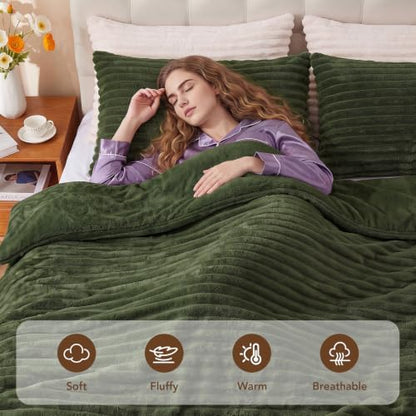 HYLEORY Fluffy Twin Comforter Set 2 Pieces - Fleece Fluffy Soft & Warm Plush Olive Green Comforter Sets, Luxury Fuzzy Bedding Sets, All Season Heavy Bed Set Twin Size with 1 Pillowcase