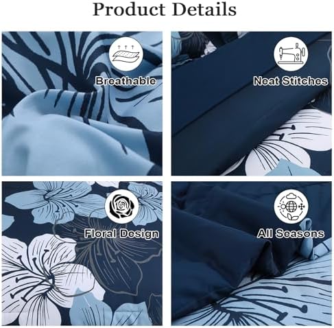 Luxudecor Navy Blue Comforter Set King Size, 7 Pieces Bed in a Bag Navy Blue Floral Comforter and Sheet Set, Soft Microfiber Complete Bedding Sets for All Seasons