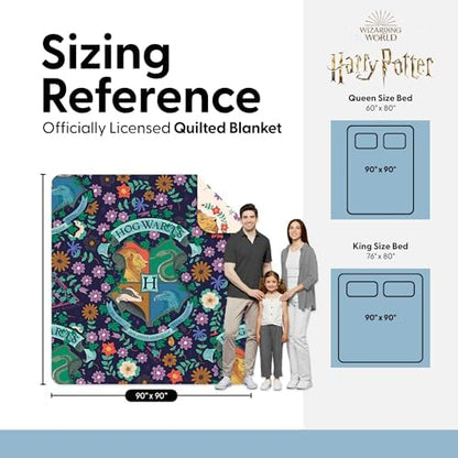 Harry Potter Botanical Crests Full/Queen Quilted Throw Blanket Adults Boys Girls, Soft Lightweight Bedding for Bed, or Couch, 90 x 90 inches