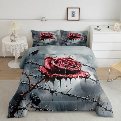 Red Rose Flowers Kids Comforter Set Full Size,Happy Halloween Western Holiday Bedding Set,Girls Boys Room Decor,Blood Floral Gothic Vintage Quilt Comforter,Red Romantic Duvet Insert,2 Pillowcases