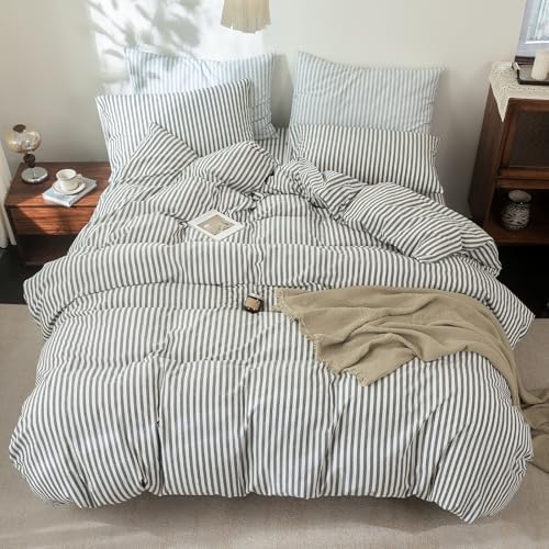 FOSSA Striped Duvet Cover Set 100% Washed Cotton Linen Feel Super King