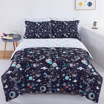Viviland Kids Bedding Set Full Size Comforter Sets, Bed in Space Universe Cover Set for Children