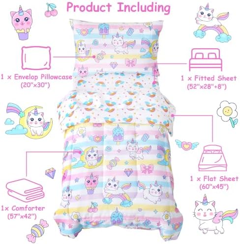 Mooreeke Toddler Bedding Sets for Girls,4 Pieces Cat Rainbow Printed