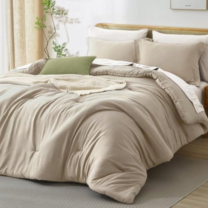 Prewashed Queen Size Comforter Set 7 Pieces, Beige Bed Set