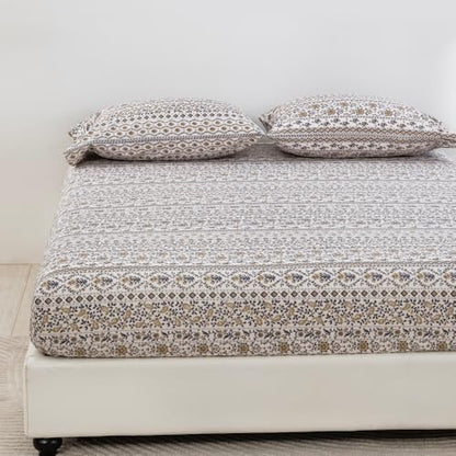 DAUAOTO Queen Size Printed Sheets Set, 100% Cotton Bedding Sets, Up to 14" Deep Mattress, Vintage Cottagecore Pattern Bedlinen Set, Floral Brown Taupe