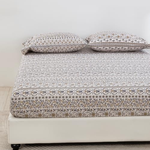 DAUAOTO Full Size Printed Sheets Set, 100% Cotton Bedding Sets, Up to 14" Deep Mattress, Vintage Cottagecore Pattern Bedlinen Set, Floral Brown Taupe
