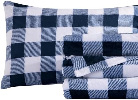 Elegant Comfort Luxuriously Soft 4-Piece Velvet Plush Flannel Sheet Set - Premium Quality -Cozy Warm, Anti-Static, Non Pilling Fuzzy Velvet Flannel Fleece Deep Pocket Sheet Set- King, Buffalo Navy