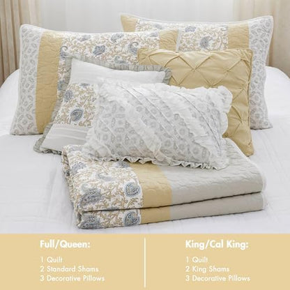 Madison Park 100% Cotton Quilt Set Floral Print, Double Sided Stitching, All Season, Lightweight Coverlet Shabby Chic Bedding Layer, Matching Shams, Full/Queen, Yellow 6 Piece