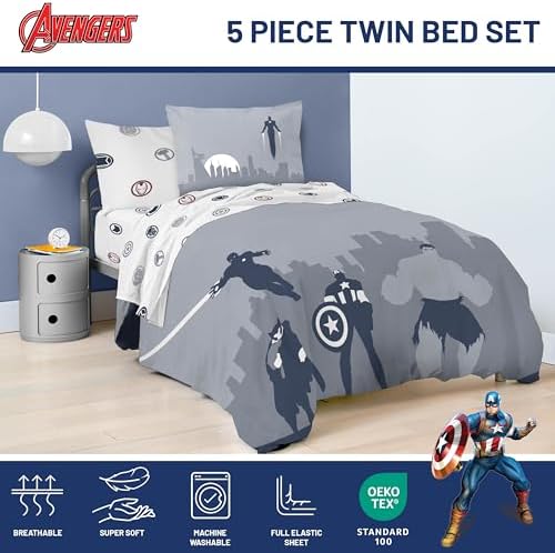 Marvel Avengers Twin Comforter Set 5 Piece Soft Bedding for Boys, Blue