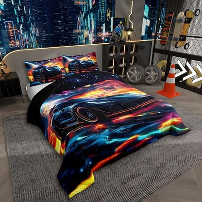 Erosebridal Kids Boys Sports Car Comforter Set Twin Size,Cosmos Outer Space Universe Bedding Set Race Car Room Decor,Glitter Stars Galaxy Racing Cars Comforter,Cool Speed Race Sports Car Duvet Insert