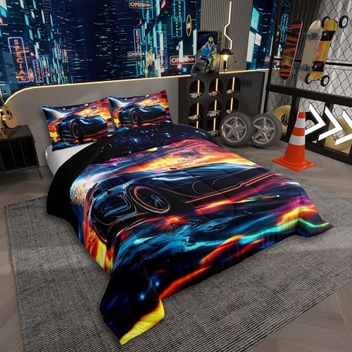 Erosebridal 3 Pieces Race Car Comforter Set Full Size Black Sports Cars Bedding Sets for Boy Car Room Decor 3D Geometric Bed in A Bag with 1 Comforter,2 Pillowcases,Colorful,All Season