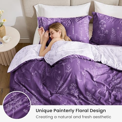 Love's cabin Dark Purple Twin Comforter Set - Twin XL Size Comforter Set Dorm Bedding, 2 Pieces Cute Floral Bedding, Soft Reversible Flowers Comforter, 1 Comforter & 1 Pillow Sham