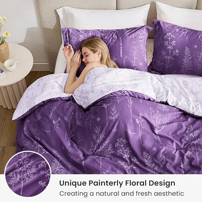Love's cabin Dark Purple Twin Comforter Set - Twin XL Size Comforter Set Dorm Bedding, 2 Pieces Cute Floral Bedding, Soft Reversible Flowers Comforter, 1 Comforter & 1 Pillow Sham