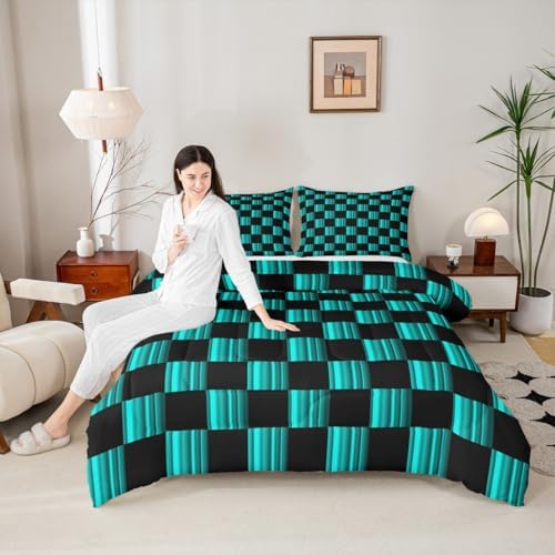 Checkered Kids Comforter Set King Size Abstract Ombre Bedding Set Modern Geometric Teal Blue Black Duvet Quilt for Kids Boys Girls Bedroom Cute Neutral Aesthetic Plaid Decor
