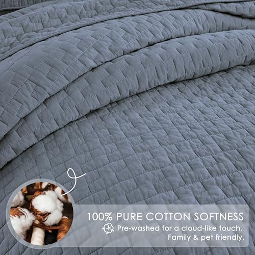 palassio Blue Grey 100% Cotton Quilt Queen Size Bedding Sets with 2 Pillow Shams, Textured Lightweight Soft Bedspread Shabby Chic Coverlet, Quilted Comforter Bed Cover for All Season, 3 Pieces