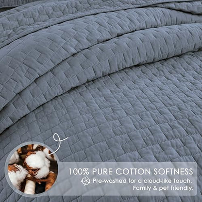 palassio Blue Grey 100% Cotton Quilt Queen Size Bedding Sets with 2 Pillow Shams, Textured Lightweight Soft Bedspread Shabby Chic Coverlet, Quilted Comforter Bed Cover for All Season, 3 Pieces