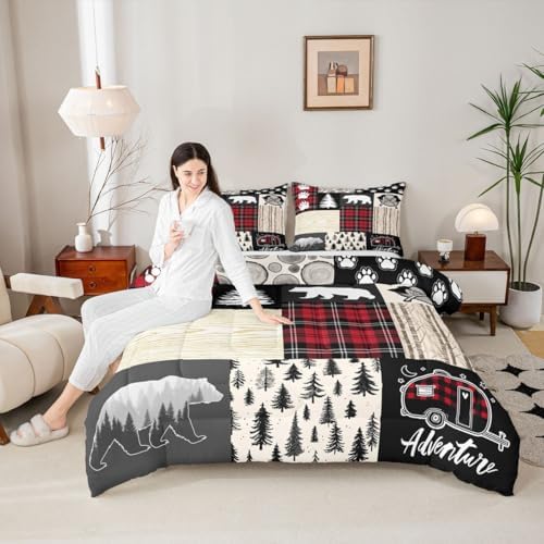 Bear Comforter Set King Size,Pine Trees Animals Hunting Bedding Set for Kids Boys Girls Adults Room Decor,Camping Adventure Rustic Farmhouse Down Comforter,Red Plaids Duvet Insert,2 Pillowcases